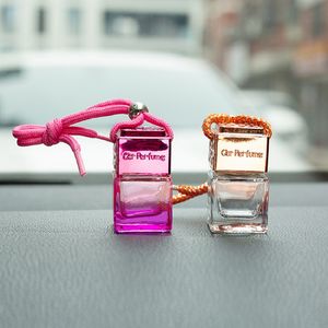 Botella de forma cuadrada de Perfume para coche de 8ml con tapas de oro rosa, cuerda colgante para decoración de coche, ambientador