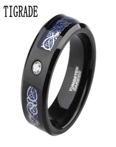 8 mm Cubic Zirconia Blue Carbon Celtic Dragon Tungsten Carbide Ring Men Engagement Band de mariage Anneaux d'honneur Anillos Hombre C19047859039