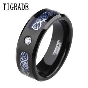 8 mm Cubic Zirconia Blue Carbon Celtic Dragon Tungsten Carbide Ring Men Engagement Band de mariage Anneaux d'honneur Anillos Hombre C19043063