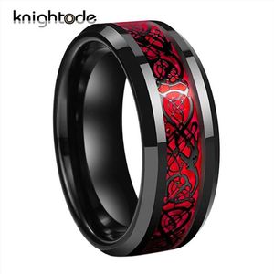 Anillo de dragón celta negro de 8 mm para hombre Anillos de Carburo de Tungsteno Alianzas de boda de fibra de carbono rojas Anillo de joyería para parejas de moda Comfort 3060