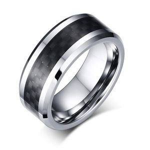 Bague de mariage en acier tungstène 8mm pour hommes et femmes, anneau en tungstène avec incrustation de Fiber de carbone noire, gravure 214U