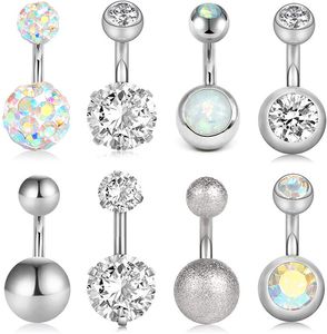 8pcs Bouton court 14g Acier inoxydable pour femme Girls Navel Belly Bagues Crystal CZ Barbell Corps Piercing 6mm 10mm