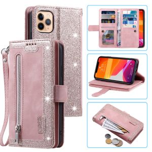 9 emplacements pour cartes Fermeture éclair Bling Glitter Sac à main Étuis à rabat en cuir PU Béquille magnétique Dragonne TPU pour iPhone 14 13 12 11 Pro Max XR X 8 Plus Samsung A04e A14 A24 A34 A54