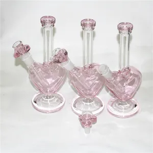 Bong de vidrio rosa de 9 pulgadas con tazón de vidrio en forma de corazón Hookah Shisha Beaker Dab Rig Water Pipe Filter Bubbler W ICE ash Catcher oil burn rig