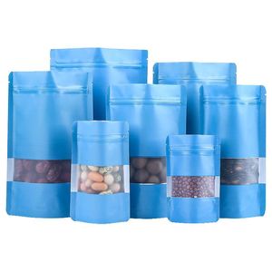 Bolsa de papel de aluminio de pie azul de 9 tamaños con ventana transparente bolsa de plástico con cremallera que se puede volver a cerrar Bolsa de embalaje de almacenamiento de alimentos LX2690