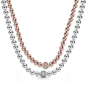 Collar de plata de ley 925 con cuentas de plata rosa, collar deslizante de cristal pavimentado para mujer, regalo de boda, joyería europea Diy322e
