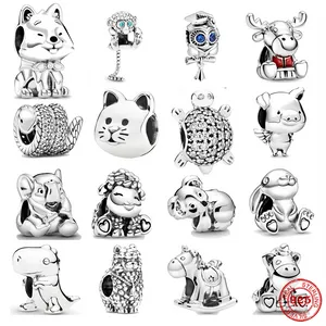 925 Granos del encanto de plata Cuelgan Koala Bruno el Unicornio Conejo Perro Gato Cerdo Fluffy Llama Beads Fit Pandora Charms Pulsera DIY Accesorios de joyería