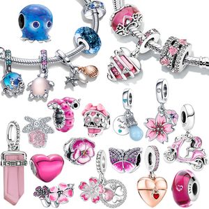 Cuentas de abalorios de Plata 925, cuentas de cristal de Murano rosa, abalorio de Plata compatible con abalorios Pandora, pulsera, accesorios de joyería DIY