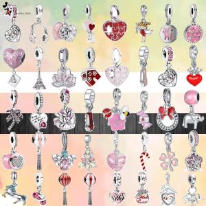 925 Argent Fit Pandora Charm 925 Bracelet Mode Rouge Rose Fleur Arbre Montgolfière Papillon Amour charmes Pour pandora charme 925 perles d'argent charmes