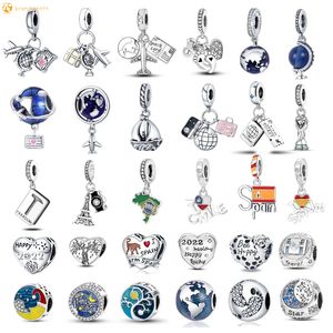 925 Silver Fit Pandora Charm 925 Pulsera FPassport Plane España Brasil Bandera Nacional Charms Set 925 Sterling Silver para Pandora Charms Auténtico Bead