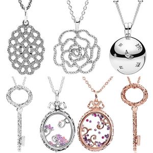 925 Argent Fit Pandora Collier Pendentif Coeur Femmes Bijoux De Mode Chatoyant Dentelle Rose Fleur Regal Clé Lune Et Étoile Avec Cristal