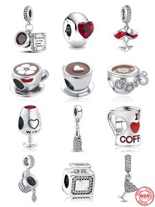 Plata 925 compatible con dijes originales Pandora, colgante DIY para mujer, pulseras, cuentas, copa de vino, colgante, Clip solitario de corazón rojo