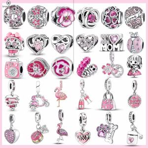 Plata 925 para pandora charms cuentas de joyería 925 pulsera color rosa flamenco encanto flor cráneo corazón niña perro pata encantos conjunto colgante DIY cuentas finas joyería