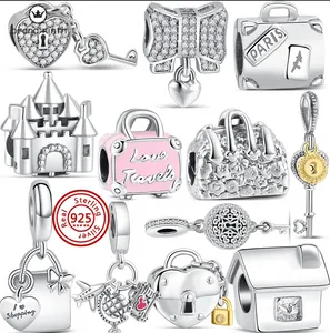 925 argent pour pandora charmes bijoux perles 925 Bracelet Sac À Main Bagage Serrure Clé charme ensemble Pendentif