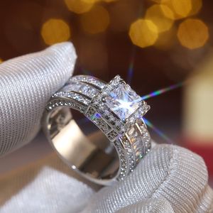 Anillo de boda chapado en plata 925 con circonita cúbica para mujer, anillos de compromiso de corte princesa, imitación de diamante, joyería clásica de lujo, anillos de aniversario, regalos