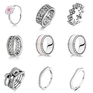 Anillo Pandora de plata 925 para mujer, corona de corazón Original, anillos de moda, flor rosa, bricolaje, epoxi blanco, forma redonda, dedo de cristal