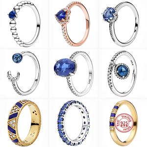 925 Mujeres de plata Fit Pandora Ring Original Heart Crown Anillos de moda Anillo brillante Blue Zircon Series CZ Round Lucky