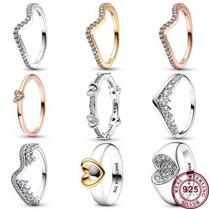 925 Argent Femmes Fit Pandora Anneau Original Coeur Couronne De Mode Anneaux Coeur Éternel Coulissant Asymétrique Vague Brillante 204144