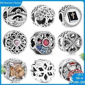 Breloques en perles d'argent 925 pour bracelets à breloques de styliste pour femmes, rondes, motif de fleur d'amour, croix ajourée