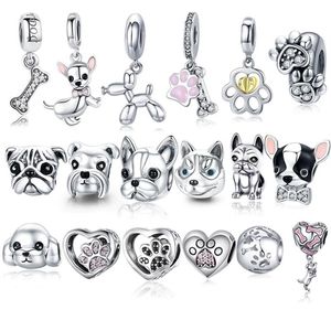 Abalorio de plata de ley 925 con cuentas de caniche, cachorro, Bulldog Francés, compatible con BISAER Charms, pulsera de plata 925 Original 220296y