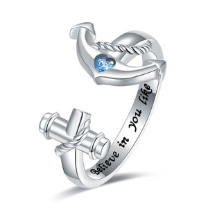 Bague de roue de bateau réglable en argent Sterling 925, ancre avec cœur bleu CZ, bijoux cadeau d'anniversaire de noël pour femmes et filles amies