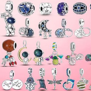 Abalorios de plata de ley 925 con diseño de astronauta, Luna y estrella, colgante de piña, cuentas de ojos de la suerte, compatible con pulsera Pandora para joyería DIY