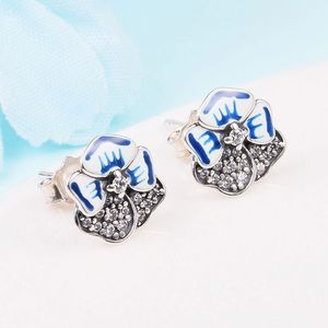 Pendientes de tuerca de flor de pensamiento azul de plata de ley 925 que se adapta a pendientes de moda de joyería de estilo Pandora europeo