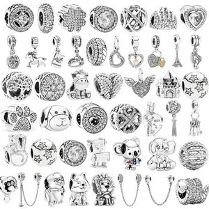 925 breloques en argent sterling pour la fabrication de bijoux pour perles pandora nouvelle couleur argent plume lion chaîne de sécurité couronne aile pendentif