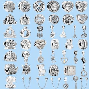 925 breloques en argent sterling pour perles de bijoux pandora nouvelle couleur argent plume couronne chaîne de sécurité hibou amour perle pendentif