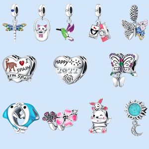 Abalorios de plata de ley 925 para pandora, cuentas de joyería, colgantes de pulsera, conjunto de abalorios de cuentas de gato rosa, Luna, pájaro, mariposa