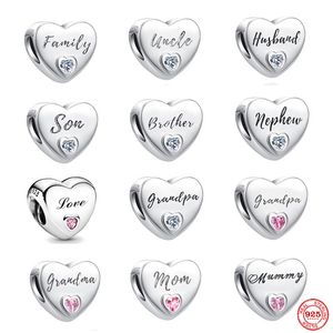 925 Sterling Silver Dangle Charm Lettre Famille Grand-mère Frère Fils Pendentif Femmes Perles Perle Fit Pandora Charms Bracelet DIY Bijoux Accessoires