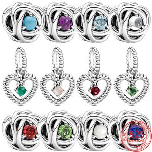 Abalorio colgante de plata de ley 925, abalorio de corazón de piedra natal de doce meses, abalorio para pulsera Pandora, accesorios de joyería DIY