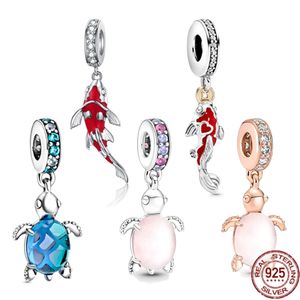 925 Sterling Silver Good Fortune Carp Fish Glass Sea Turtle Dangle Charm Perles Fit Original Pandora Bracelet Fine Jewelry Gift