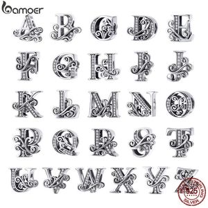 925 Sterling Silver Letter Vintage A à Z 26 Lettre Charms Ajouré CZ Alphabet Perles Fit Charm Bracelet BSC030