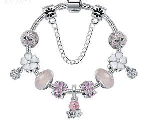 925 Sterling Silver Murano Lampwork Pink Cherry Blossom Bead Esmalte Flower Charms fit European Pandora Bracelets Mujeres DIY Charm Beads Snake Chain Joyería de moda