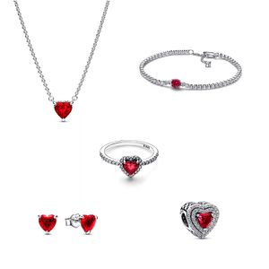 925 Sterling Silver New Fashion Femmes Pendentif en forme de coeur rouge, collier, boucles d'oreilles bouton, bague pour femme, bijoux à bricoler soi-même, cadeau d'anniversaire du nouvel an