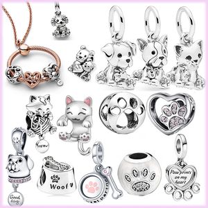 925 Sterling Silver Pandora Charm Pet Cats and Dog Suspension Beads Adecuado para damas primitivas Pulsera con encanto Collar Joyería Accesorios de moda