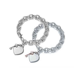 Pulsera de plata de ley 925 para mujer, llave clásica, cadena con abalorio de corazón, diseño de broche de langosta, joyería ligera de lujo G220510