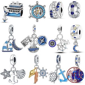 925 Sterling Silver Rudder Anchor Blue Cruise Ship Spacer Perles Pendants Charms Fit Bracelets Original Bricoly Mielrymaking 240428