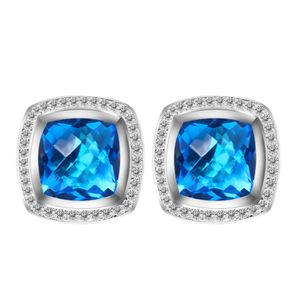 Pendientes de plata de ley 925, joyería de 11mm, ágata de topacio azul con diamantes, pendientes exquisitos para mujer