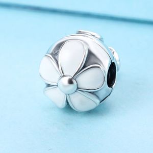 925 Sterling Silver White Daisies Clip Stopper Bead Convient aux bijoux européens Pandora Style Charm Bracelets