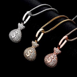 925 Sterling Silver Womens Money Bag Pendentif Collier Or Rose Dollar Sign Charm Full Cz Cubic Zircon Hip Hop Choker Bijoux Esthétique Cristal Collier Personnalisé