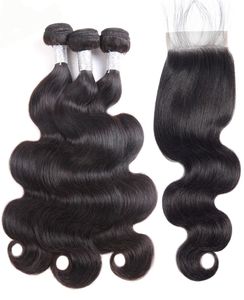 9A Bounques de cheveux brésiliens avec fermeture en dentelle Peruvian Indian Malaysian Virgin Hair 3 PCS Body Wave avec fermeture en dentelle1573279