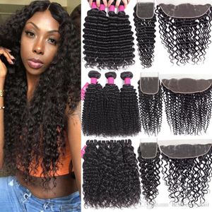 9A Brazilian Deep Wave Bundles With Closure 4X4 Lace Closure Or 13X4 Lace Frontal Deep Curly Water Straight Loose Human Hair Bundles