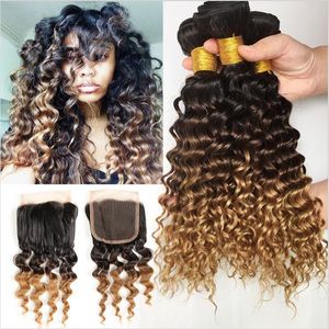 9A Malaysian Virgin Ombre 3Bundles With Lace Closure 4Pcs Lot 1B/4/27 Honey Blonde Three Tone Malaysian Deep Curly Hair With Closure