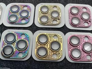 9h Verre Temperred en aluminium Metal Camera Lens Protecteurs pour iPhone 15 14 Plus 13 Pro Max Mini 12 11 Rainbow Bling Diamond Diamond Rhinestone Mobile Camera Film