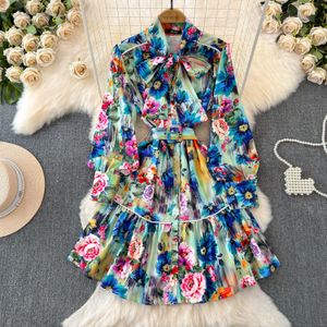 Basique A Line Robes décontractées Holiday Holidage Colorful Robe Robe Rigon Bow Neck Lantern Sleeve Floral Imprimé Single Breasted Casual Belt Beach Vestidos