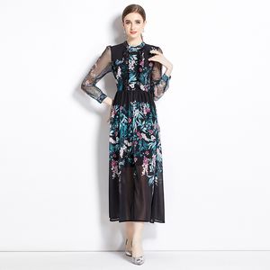 Vestidos urbanos sexys para mujer, vestido largo y fluido para vacaciones de verano, vestido largo y fluido de pasarela con manga acampanada de malla y estampado floral, Vestidos de fiesta vintage negros para vacaciones femeninas 2024