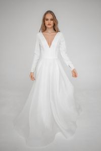Robe de mariée trapèze avec traîne Court, manches longues, robes de mariée DL-10008