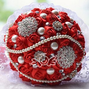 Read Satin Rose Bridal Wedding Bouquet Wedding Decoration Crystals Artificial Flower Bridesmaid Bridal Hand Holding Brooch Flowers